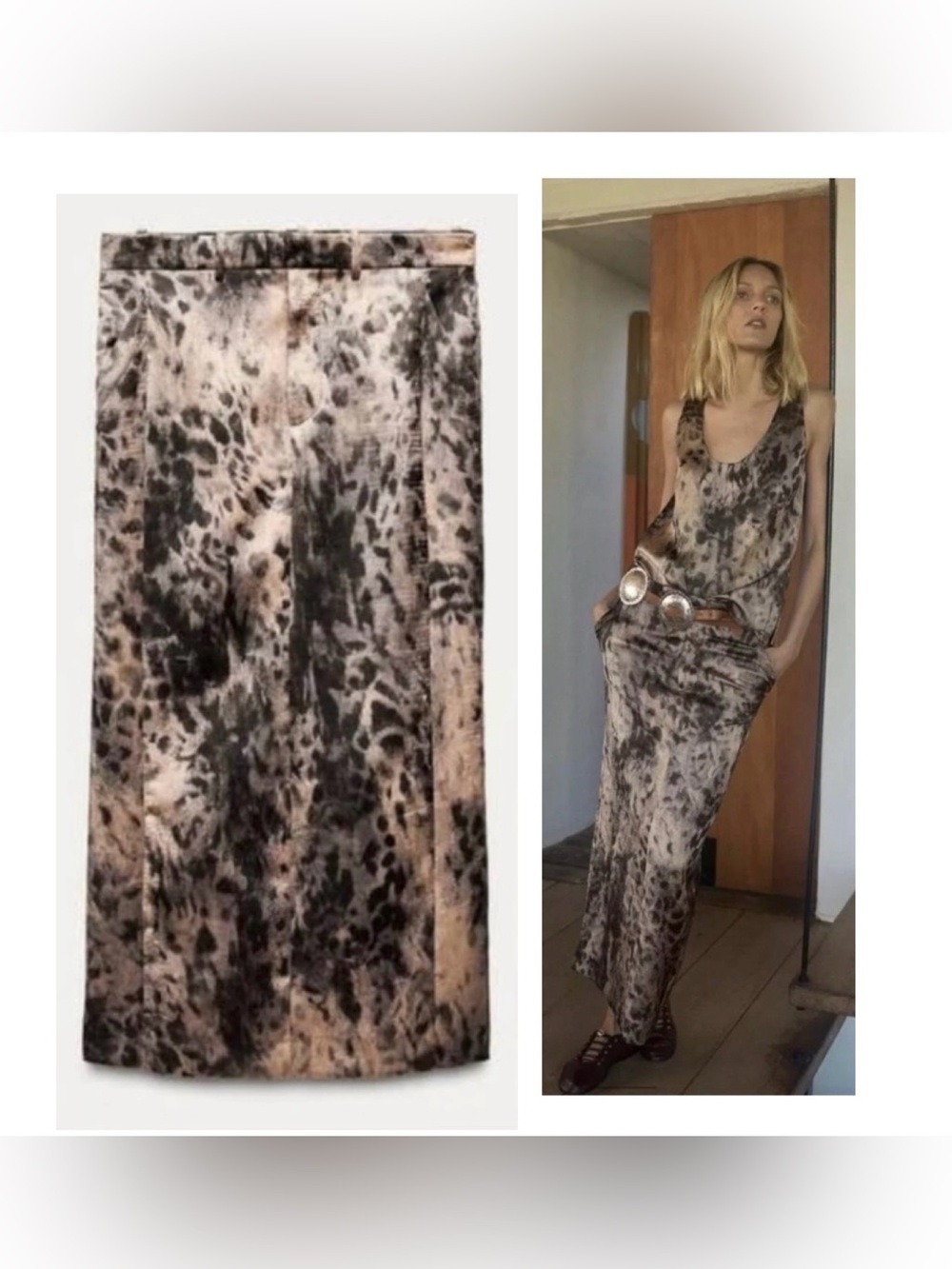 Zara ZW Collection crinkled textured animal pattern midi pencil skirt black tan